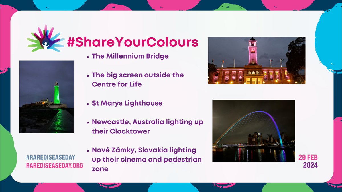 To support Rare Disease Day we have contacted Newcastle's from around the world to #LightUpForRare to create an international chain of light starting with Australia! @CityNewcastle See below for our full list of illuminations! @UniofNewcastle #LightUpForRare #RareDiseaseDay2024