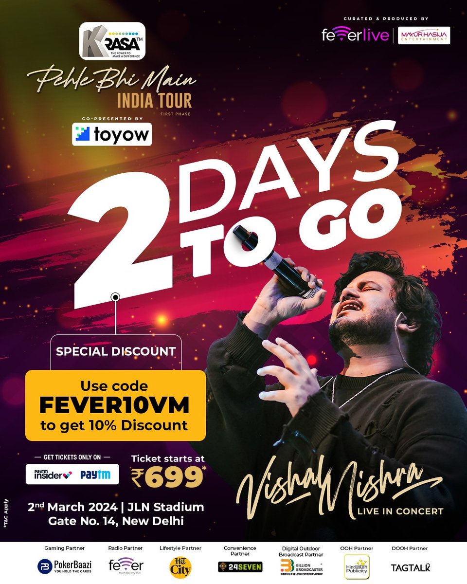 Delhi, get ready for an unforgettable musical night with Vishal Mishra at JLN Stadium (Gate 14) on March 2nd! Secure your tickets now bitly.ws/3dWnw and be part of the magic!