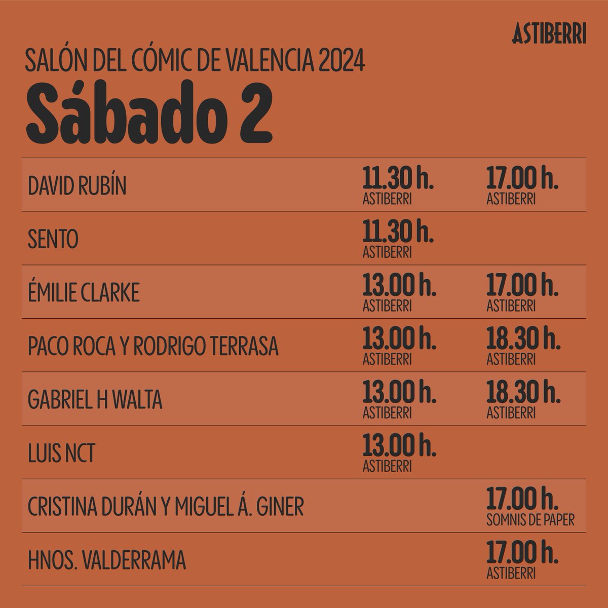 🦉 Firmas de hoy en el <a href="/SalonComicVlc/">Salón del Cómic y del Manga de Valencia</a> 🦉

¡Con <a href="/davidrubin/">davidrubin</a>, <a href="/sentollobell/">sentollo</a>, Émilie Clarke, <a href="/paco_roca/">Paco Roca</a> y <a href="/rterrasa/">Rodrigo Terrasa</a>, <a href="/ghwalta/">GABRIEL H. WALTA</a>, @CrisDuranLaGRUA y Miguel Giner y <a href="/Valderrama_Mig/">Miguel Valderrama</a> y <a href="/Valderrama_CP/">Carlos P. Valderrama</a>!