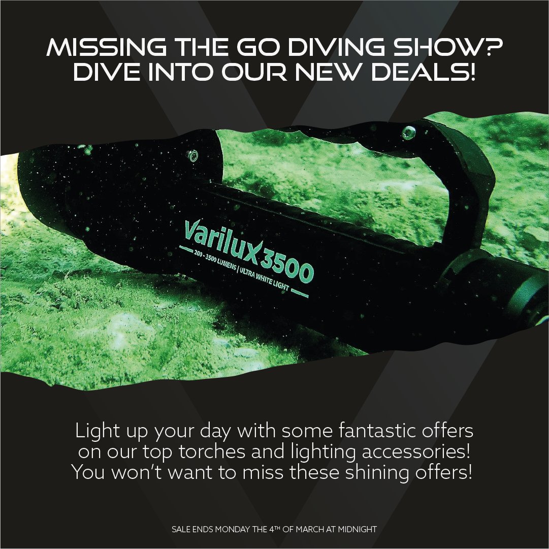 Dive into savings @godivingshow! Enjoy free undersuits, bag discounts, & unbeatable torch deals! Buy 2 Fusion R, Varilux Travel, or Varilux Micro torches for discounted rates. Brighten your dive today! 🔦 #DiveDeals #ScubaGear