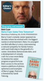 IanPlayfair's tweet image. Great to see @bobbicee biography Barry Cryer: Same Time Tomorrow picked out in @thebookseller as an Editor's Choice for May paperbacks. A wonderful tribute to a much-loved comedy genius and a 'joyous, uplifting book' according to the Observer.