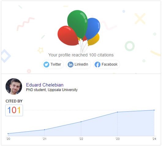 EChelebian's tweet photo. Just got the #100citations notification from Scholar. Not a fan of metrics, but I do want to take the opportunity and remember that this was only possible thanks to the wonderful mentors and colleagues I've had since I started ๐
https://t.co/WvhCuG9Bfs
#AcademicTwitter #phdlife https://t.co/FiN7vPEZwZ