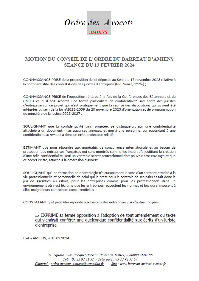 Les barreaux membres de la Conférence unis contre la proposition de loi sur la confidentialité des consultations juridiques des juristes d'entreprise. 
Merci à <a href="/avocatsamiens/">Avocats du Barreau d'Amiens 🇺🇦</a> qui soutient la <a href="/Conf_Batonniers/">ConférenceBâtonniers</a> et le <a href="/CNB/">cnb</a> dans leur opposition. 
#ToujoursNON