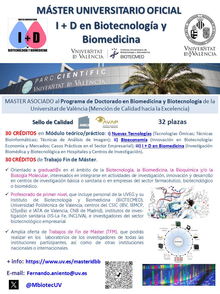 MbiotecUV's tweet photo. Os esperamos en el Master en I + D en Biotecnología y Biomedicina de la UVEG!!! @_BIOTECMED, @BiologiquesUV, @UV_EG, @UPV, @roviraivirgili https://t.co/Z6JGrdelWJ