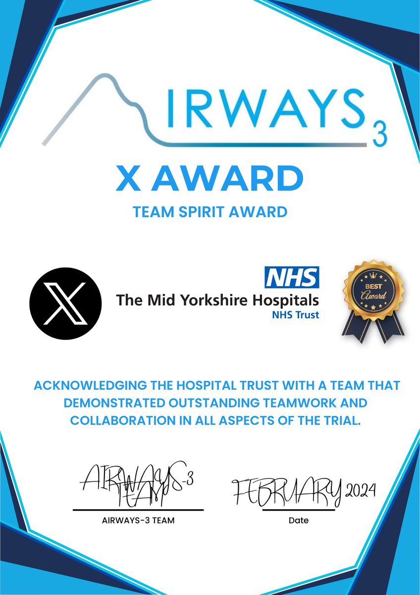 🏆 Huge congratulations to <a href="/MidYorkshireNHS/">Mid Yorkshire Teaching NHS Trust</a> for receiving the AIRWAYS-3 Team Spirit Award! We appreciate your exemplary teamwork and collaboration. Well done to all involved! #TeamSpirit #AIRWAYS3 #NHSExcellence 🌟