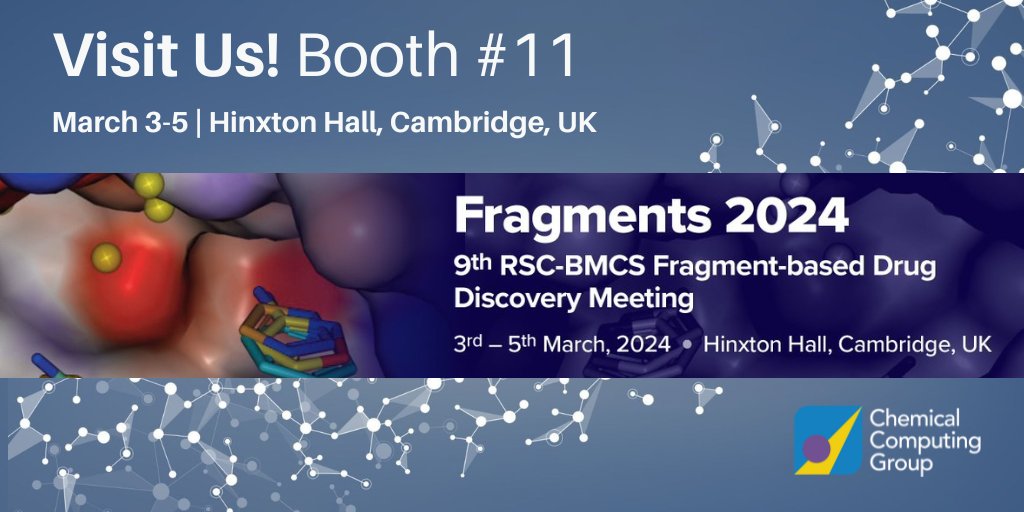 We're looking forward to attending the 9th RSC-BMCS Fragment-based Drug Discovery Meeting, Hinxton Hall, Cambridge (March 3-5, 2024). Come visit us at booth #11. More information is available at ttps://bit.ly/3uIcrsR #DrugDiscovery #CADD #FBDD #MedChem #CompChem
