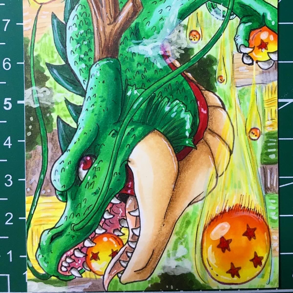 Dieses Motiv von Shenlong habe ich vor langer Zeit mal als Kakaokarte gezeichnet (war mit unter eine meiner ersten Karten damals) und irgendwie wollte ich das Motiv noch einmal in groß und mit Aquarell machen. 🐉 
-> das letze Bild ist die Kakaokarte :3 #DragonBall #Shenlong