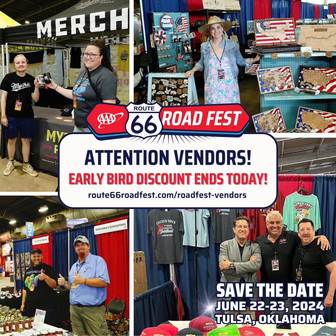 🚨 The 10% Early Bird Discount for new vendors ends TODAY! 🚨 Visit route66roadfest.com/roadfest-vendo… for vendor pricing and more. #route66roadfest #rt66journeyto100 #tulsaoklahoma #historicroute66 #route66oklahoma #route66 #route66experience #route66travelers #route66events #AAAOklahoma