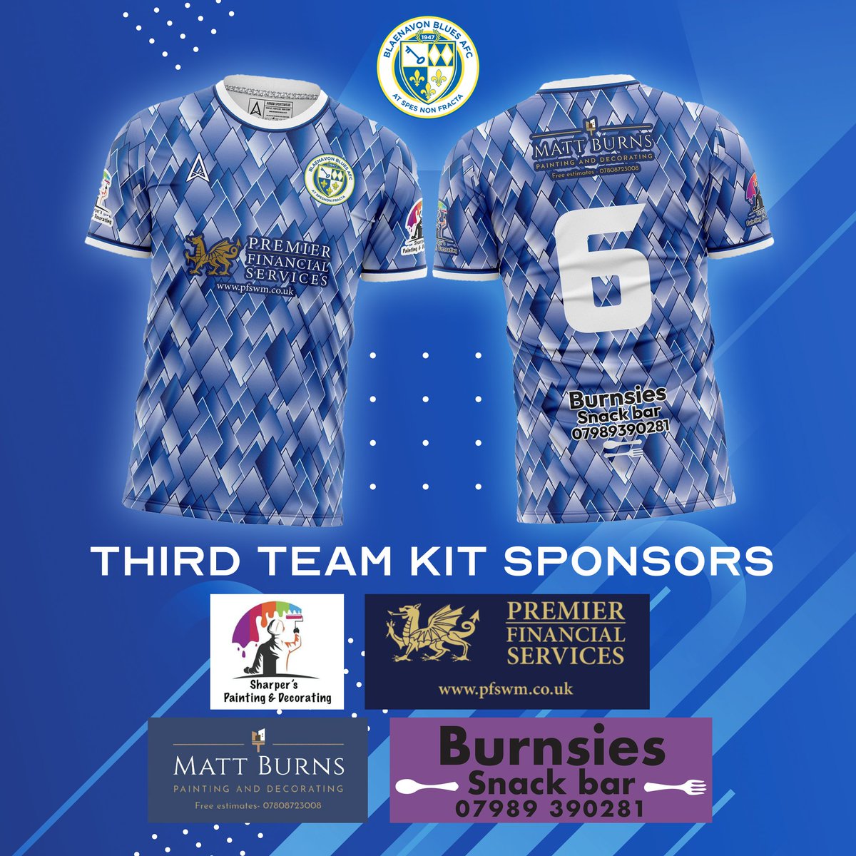 Third Team Kit Sponsorship! A big thank you to ⚽ Premier Financial Services (@Nath_Ceretti ) ⚽ Matt Burns Painting & Decorating ⚽ Burnsies Snack Bar ⚽ Sharper Painting & Decorating Thank you for your support! Thanks to @designs_freeman for the artwork. @ArrowSportswear