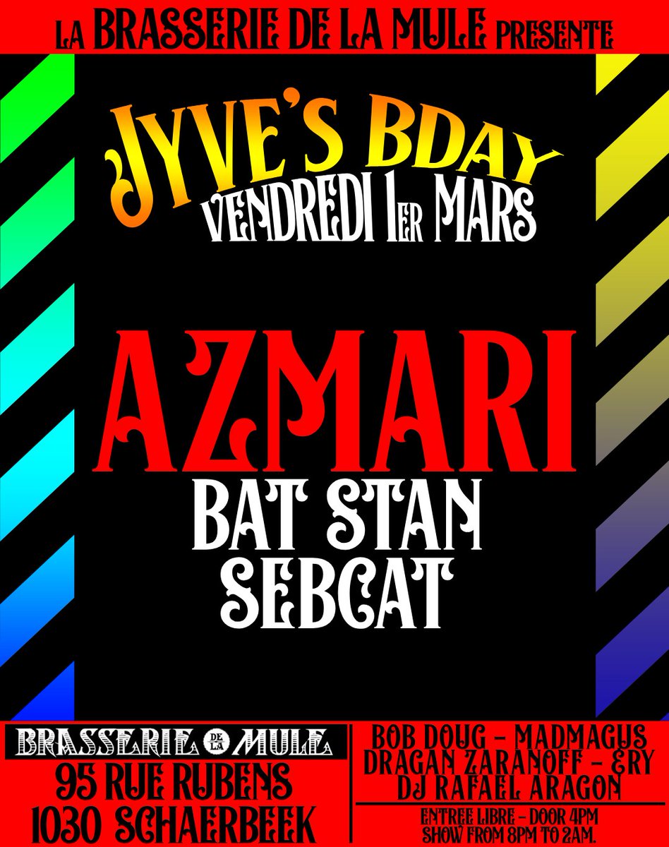 this Friday 1 march &gt; Rebel Up dj warmup at Brasserie de la Mule (Schaarbeek), concert by Azmari, afterparty by dj Bat Stan
all info &gt;&gt;&gt; rebelup.org