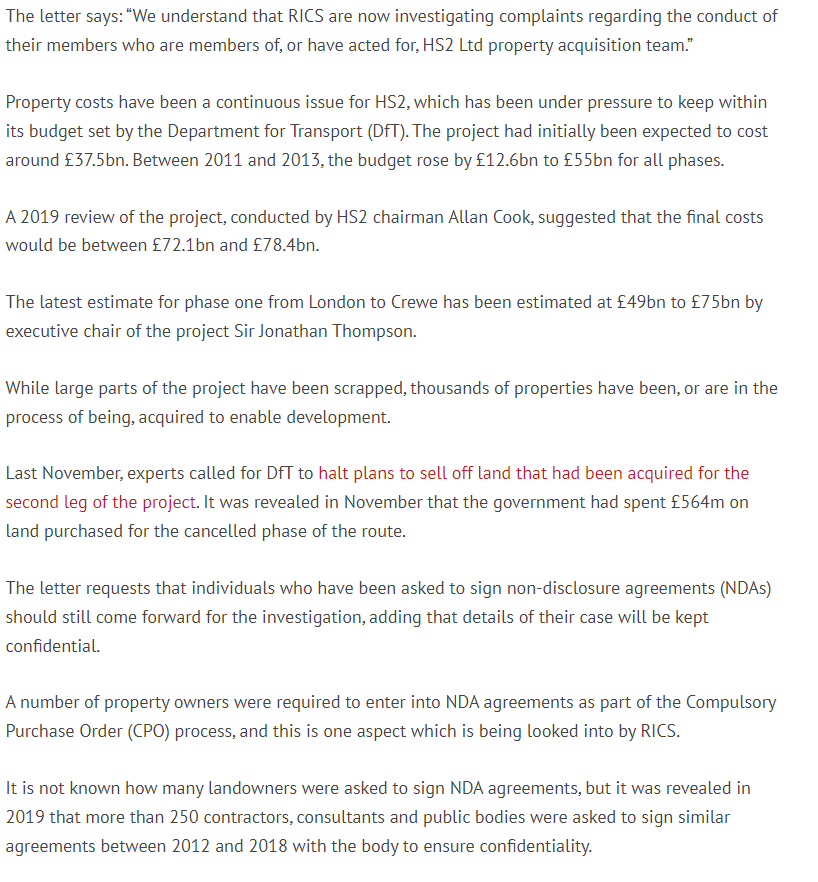 RICS launches investigation into claims against HS2 property agents “We understand that RICS are now investigating complaints regarding the conduct of their members who are members of, or have acted for, HS2 Ltd property acquisition team.” propertyweek.com/news/rics-laun…