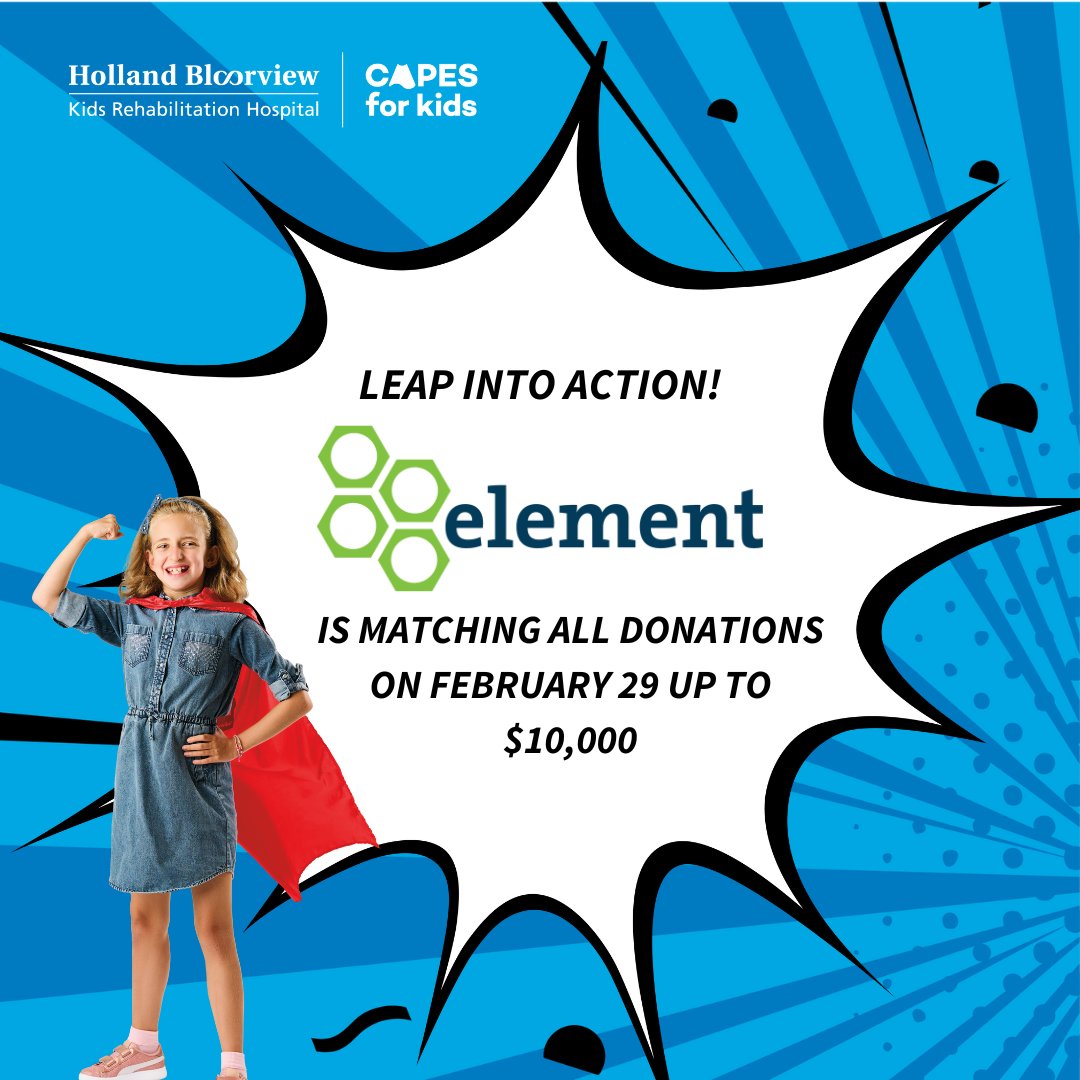 🌟️ #BeAHeroForKids, it's time to LEAP into action! Today only, @ElementFleet will 2x the power of your #HeroicDonations! Don't miss this EXTRA day to fundraise for @HBKidsHospital's #CapesForKids! capesforkids.ca #ChangeMakersUnite #MatchMyDonation #GiftOfGiving