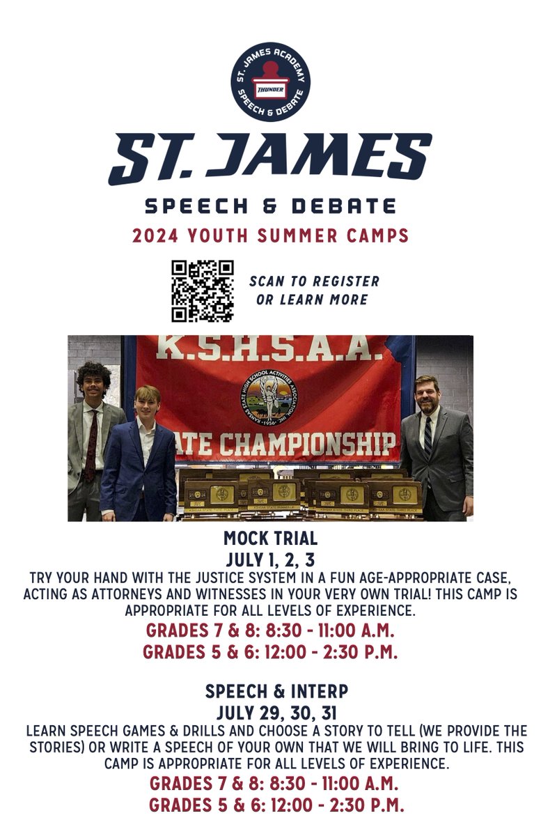 We're excited to offer TWO new youth camps in July! We're offering Mock Trial and Speech &amp; Interp programs for 5th &amp; 6th and 7th &amp; 8th graders. 

Click the "register" button at sjathunder.org/summer-camps/ to sign up.