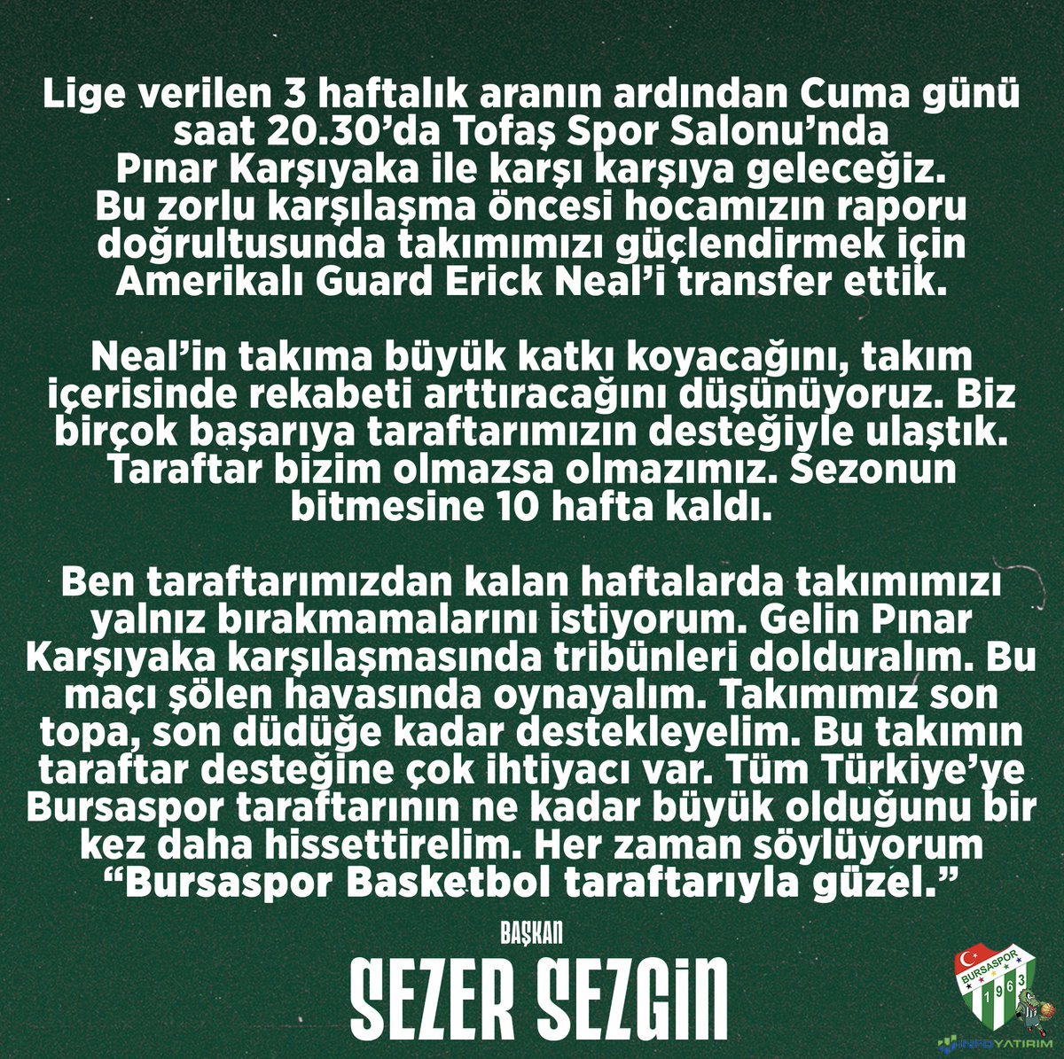 Bursaspor Yörsan (@bsbasketbol) on Twitter photo 📌 BAŞKANIMIZ SEZER SEZGİN'DEN TARAFTARIMIZA ÇAĞRI.... 📌 BAŞKANIMIZ SEZER SEZGİN'DEN TARAFTARIMIZA ÇAĞRI....