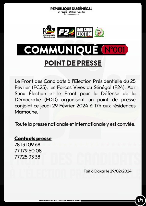 AAR SUNU ÉLECTION (@aarsunuelection) on Twitter photo La presse nationale et internationale est conviée. <a href="/CJRS221/">Convention des Jeunes Reporters du Sénegal</a> <a href="/RFIAfrique/">RFI Afrique</a> <a href="/seneweb/">seneweb .com</a> <a href="/senego/">Senego.com</a> <a href="/GFMofficiel/">Groupe Futurs Médias®</a> <a href="/GroupeDmedia/">Groupe Dmedia</a> <a href="/walfadjrisn/">Walfadjri</a> <a href="/autruicomoi/">Ayoba FAYE</a> <a href="/APS_Senegal/">A.P.S - Sénégal</a> <a href="/dakaractu/">Dakaractu.com</a> <a href="/afpfr/">Agence France-Presse</a> <a href="/bbcafrique/">BBC News Afrique</a> <a href="/TV5MONDEAfrique/">TV5MONDE Afrique</a> <a href="/2stvsenegal/">2stv Sénégal</a> <a href="/Oumyregina/">Oumy</a> <a href="/emediasn/">Emedia SN</a> #FreeSenegal La presse nationale et internationale est conviée. <a href="/CJRS221/">Convention des Jeunes Reporters du Sénegal</a> <a href="/RFIAfrique/">RFI Afrique</a> <a href="/seneweb/">seneweb .com</a> <a href="/senego/">Senego.com</a> <a href="/GFMofficiel/">Groupe Futurs Médias®</a> <a href="/GroupeDmedia/">Groupe Dmedia</a> <a href="/walfadjrisn/">Walfadjri</a> <a href="/autruicomoi/">Ayoba FAYE</a> <a href="/APS_Senegal/">A.P.S - Sénégal</a> <a href="/dakaractu/">Dakaractu.com</a> <a href="/afpfr/">Agence France-Presse</a> <a href="/bbcafrique/">BBC News Afrique</a> <a href="/TV5MONDEAfrique/">TV5MONDE Afrique</a> <a href="/2stvsenegal/">2stv Sénégal</a> <a href="/Oumyregina/">Oumy</a> <a href="/emediasn/">Emedia SN</a> #FreeSenegal