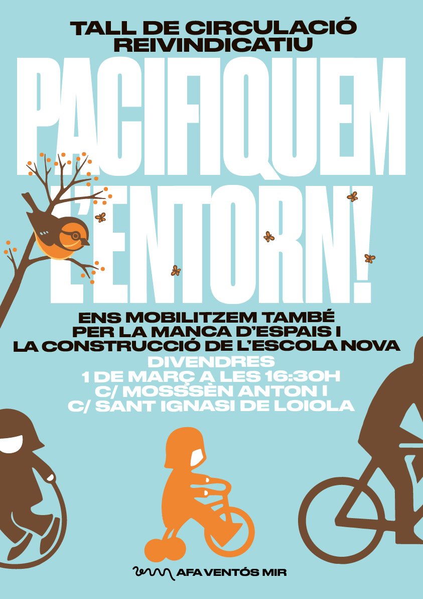 Demà divendres 1 de març tallarem el trànsit davant l'escola per reivindicar la pacificació dels entorns escolars. Simultaniament ho faràn <a href="/AfaProgres/">AFA Progrés Badalona</a> <a href="/badalonaport/">AFA Escola BDN Port</a>, <a href="/AFAGitanjali/">AFA Gitanjali</a> i <a href="/AfaJungfrau/">AFA Jungfrau</a> amb la col·laboració de <a href="/avcentrebdn/">AV Centre</a>