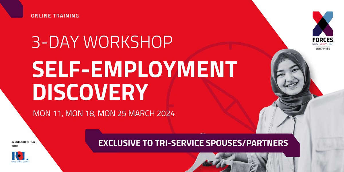 Our popular 3-day Self-Employment Discovery Course is designed exclusively for Tri-Service spouses, partners, and family members, looking to explore alternative employment options. Register for your place now ➡️ bit.ly/3wC9ZV6 @The_AFF @The_NFF @RAF_FF @PoppyLegion