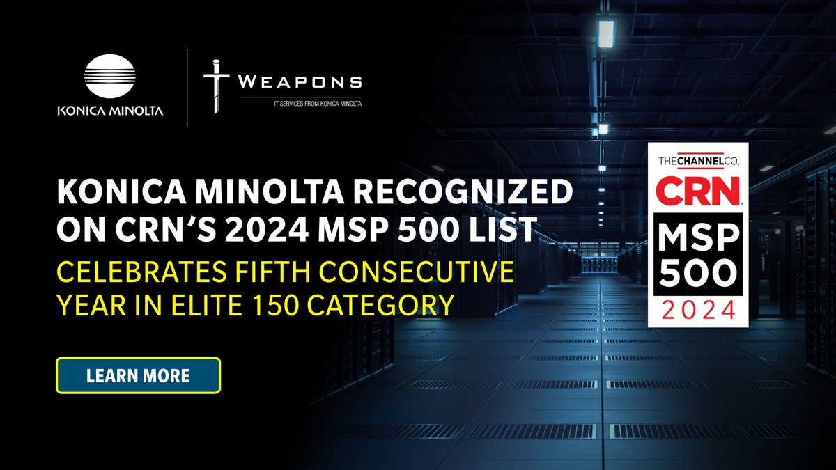 Konica Minolta is recognized in the MSP 500 list in the MSP Elite 150 category for 2024 by the <a href="/CRN/">CRN</a>®!

This is our ninth time on the list and fifth consecutive year in the Elite 150 category!

Read the full press release here: hubs.li/Q02mFrfm0