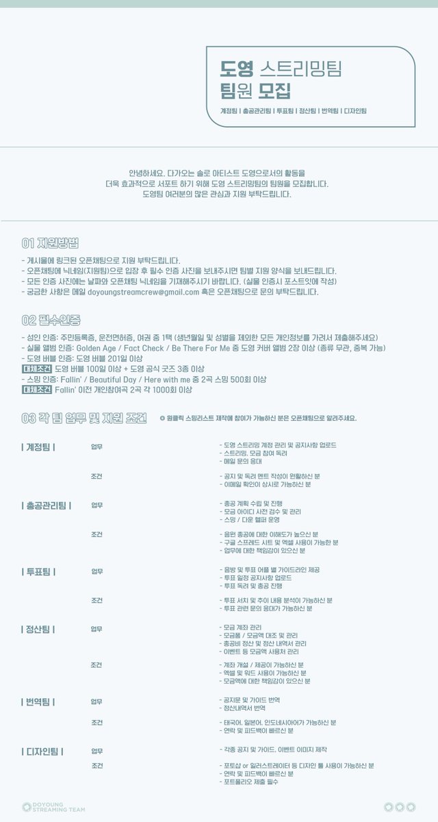 📢 도영 스트리밍팀 팀원 모집

도영 스밍팀과 함께 할 팀원을 모집합니다🫂
자세한 내용은 아래의 이미지를 참고해 주세요!

🗓️ ~ 24.03.07 (목)

➡️ open.kakao.com/o/szRQrNcg

새로 출발하는 팀이니만큼, 도영팀 여러분의 많은 관심과 지원 부탁드립니다🫶

💌 문의 - 메일 혹은 오픈채팅