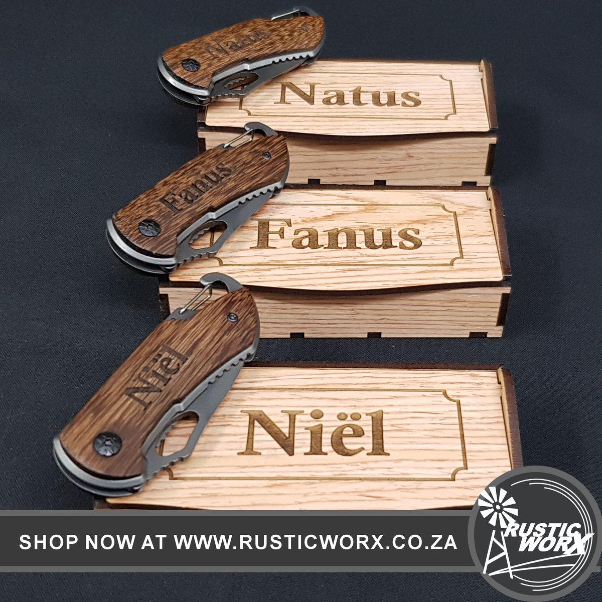 Elegance meets utility in our personalized pocket knives. 
A gift suitable for any occasion

Contact us on sales@rusticworx.co.za or see our website rusticworx.co.za to order yours now!

#EngravedKnives #CustomGifts #CorporateGifts SupportLocal  #RusticWorx