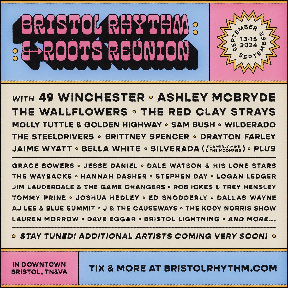 JUST DROPPED! Your #BristolRhythm initial lineup is HERE 🤠✨ 🎸@49winchester, @AshleyMcBryde, @TheWallflowers, @RedClayStrays + MANY MORE are set to play the fest September 13-15 in historic downtown Bristol TN-VA!! 🎟️Secure your tickets now at BristolRhythm.com