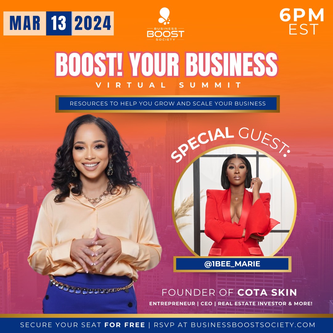 I'm excited to share proven growth techniques, scalable strategies, and insider tips at the Business Boost Society Virtual Summit! With special guests @DonniWiggins_  &  @1Bee_Marie ✨

🌟 RSVP now at businessboostsociety.com 

 #BusinessBoost #VirtualSummit #ElevateYourBusiness