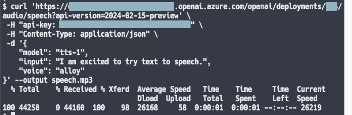 youtoy's tweet image. #AzureOpenAIService の音声合成（ モデルは tts-1 ）のお試し。

curlコマンドを使って mp3 のファイルを得られた！

#Azure #OpenAI