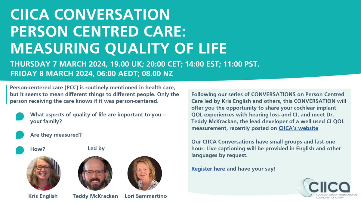 Join Kris English, Teddy Mckrackan, Lori Sammarino in exploring Person-Centered Care: Measuring Quality of Life in our upcoming CIICA Conversation!🗓️ Thursday, March 7th, at 7 pm UK time. Reserve your spot now! ciicanet.org/events/person-… #HearingLoss #PersonCentredCare #CIICA