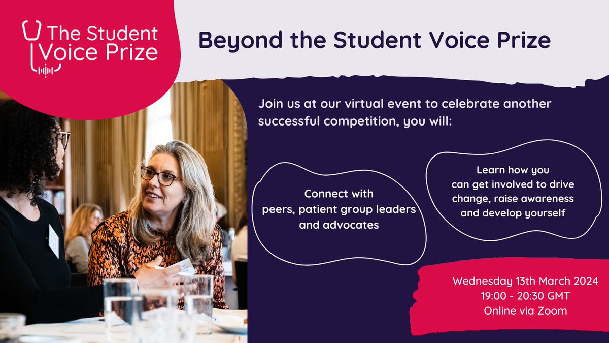 Join us to celebrate the end of another highly successful Student Voice Prize. 📆 13th March 📍 Zoom 🌟 Hear stories from rare disease patients and advocates 🌟 Connect with students and the rare disease community 🌟 Hear from 2023 competition winners ow.ly/ykwX50QJeyr