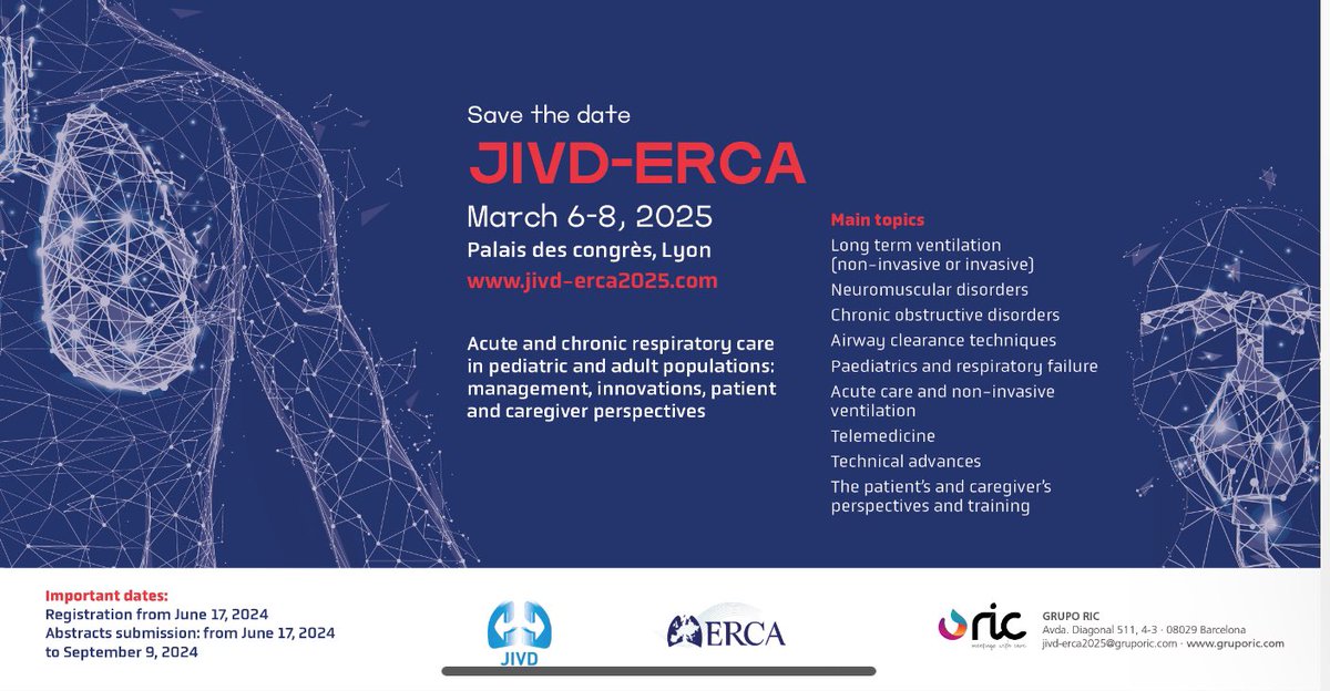**Save the date** Come and join us in Lyon on 6th - 8th March 2025 for the JIVD-ERCA conference, and hear about all things respiratory and #homemechanicalventilation Please share! jivd-erca2025.com/welcome