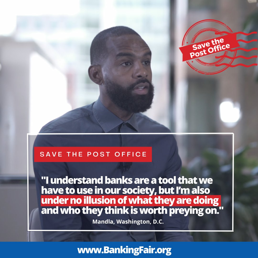 'I understand banks are a tool that we have to use in our society, but I’m also under no illusion of what they are doing & who they think is worth preying on.' -Mandla on why we need #PostalBanking 
Watch his story at BankingFair.org  #SavethePostOffice #BlackHistoryMonth