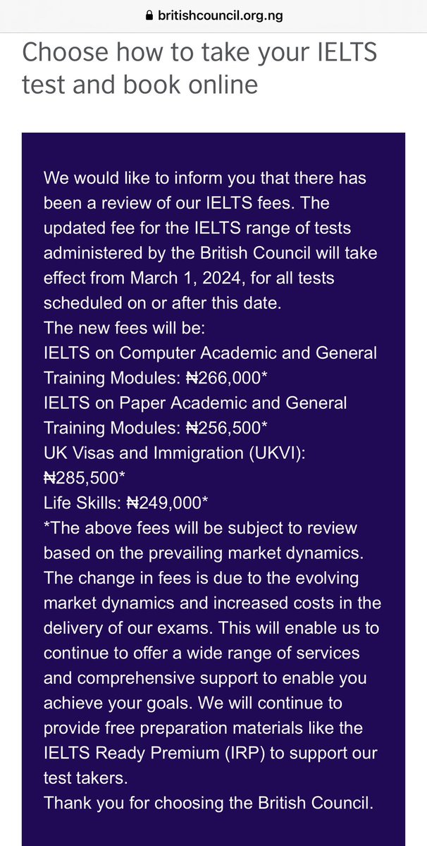 UPDATE: British Council (Nigeria office) has now updated their website. They’ve confirmed the increase in the exam fees from March 1, 2024 again IELTS Academic & General (Paper): N256,500 IELTS Academic & General (Online): N266,000 UKVI: N285,500 See more info below ⬇️…