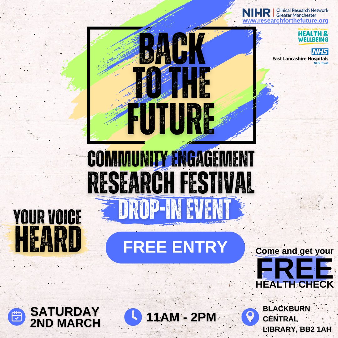 LSCFTResearch's tweet image. The Research &amp;amp; Development team will be attending the &apos;Back to the future&apos; community engagement research festival at Blackburn Central library today, from 11am - 2pm. 
Drop in and find out about how you can take part in our exciting research! #GetTheResearchBug @NIHRCRN_gman