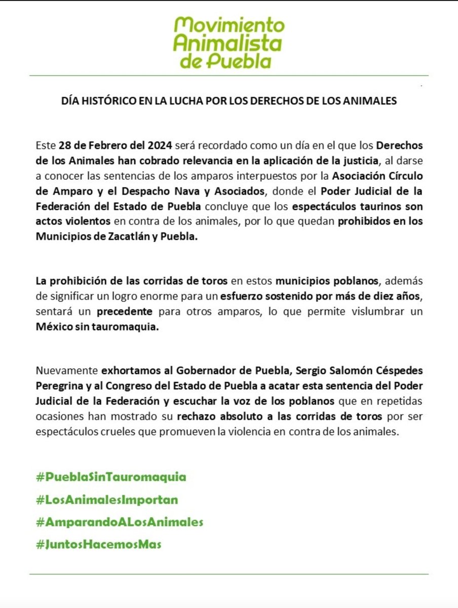🚨COMUNICADO 🚨

El día de ayer fue un día histórico para Puebla.👏🏻

GRACIAS!! por su  valentía💕 a Protectores Animalistas de Zacatlán para firmar el amparo y Fundación Patitas Enlodadas AC 

#PueblaSinTauromaquia
#LosAnimalesImportan
#AmparandoALosAnimales
#JuntosHacemosMas