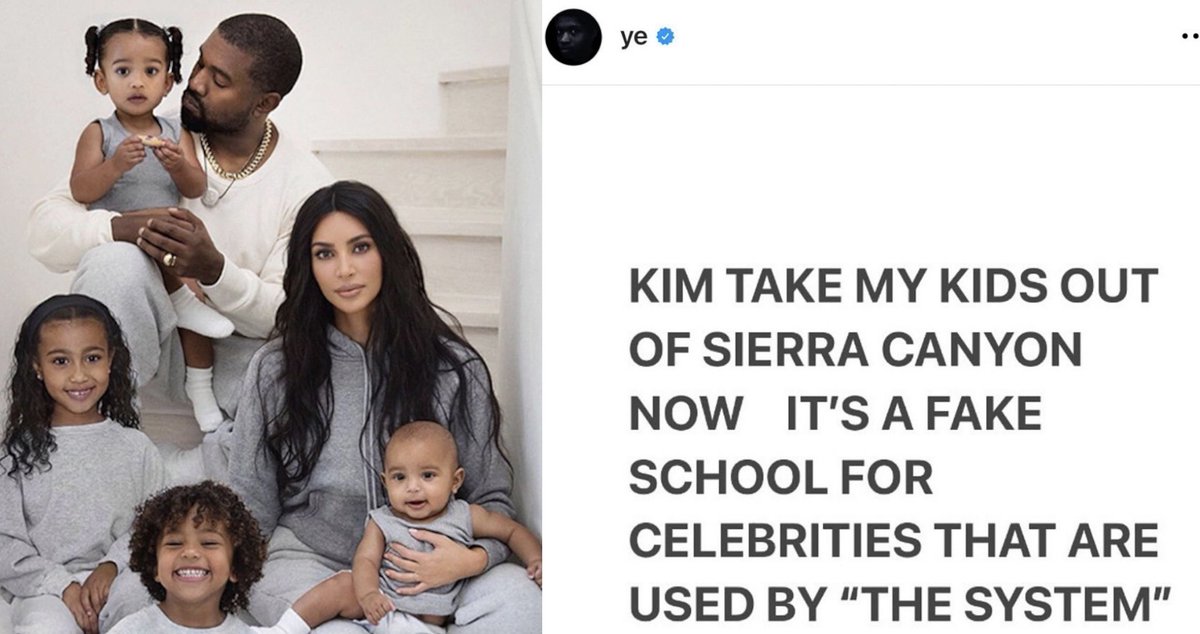 DailyLoud's tweet photo. Kanye West demands that Kim Kardashian takes his kids out of Sierra Canyon school:

“It’s a fake school for celebrities that are used by the system” https://t.co/mqLclnq35E