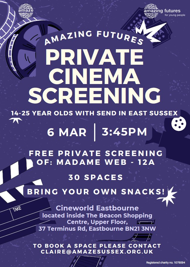 Amaze Sussex (@amazesussex) on Twitter photo We're holding a private cinema screening of Marvel superhero film #MadameWeb for young people aged 14 to 25 with #SEND in East Sussex 🍿 Join us on Weds 6 March at 3.45pm at Cineworld Eastbourne - bring your own snacks! Email claire@amazesussex.org.uk if you'd like to come along. We're holding a private cinema screening of Marvel superhero film #MadameWeb for young people aged 14 to 25 with #SEND in East Sussex 🍿 Join us on Weds 6 March at 3.45pm at Cineworld Eastbourne - bring your own snacks! Email claire@amazesussex.org.uk if you'd like to come along.