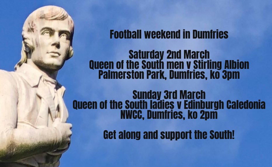 queenstrust's tweet photo. Football coming up :

At Palmerston Park on Saturday it is Queen of the South v Stirling Albion with kick off 3pm and on Sunday it is Queen of the South Ladies v Edinburgh Caledonia kick off 2pm at NWCC. 

Get along if you can to the games and give the teams your support! https://t.co/k7zqtNElpF