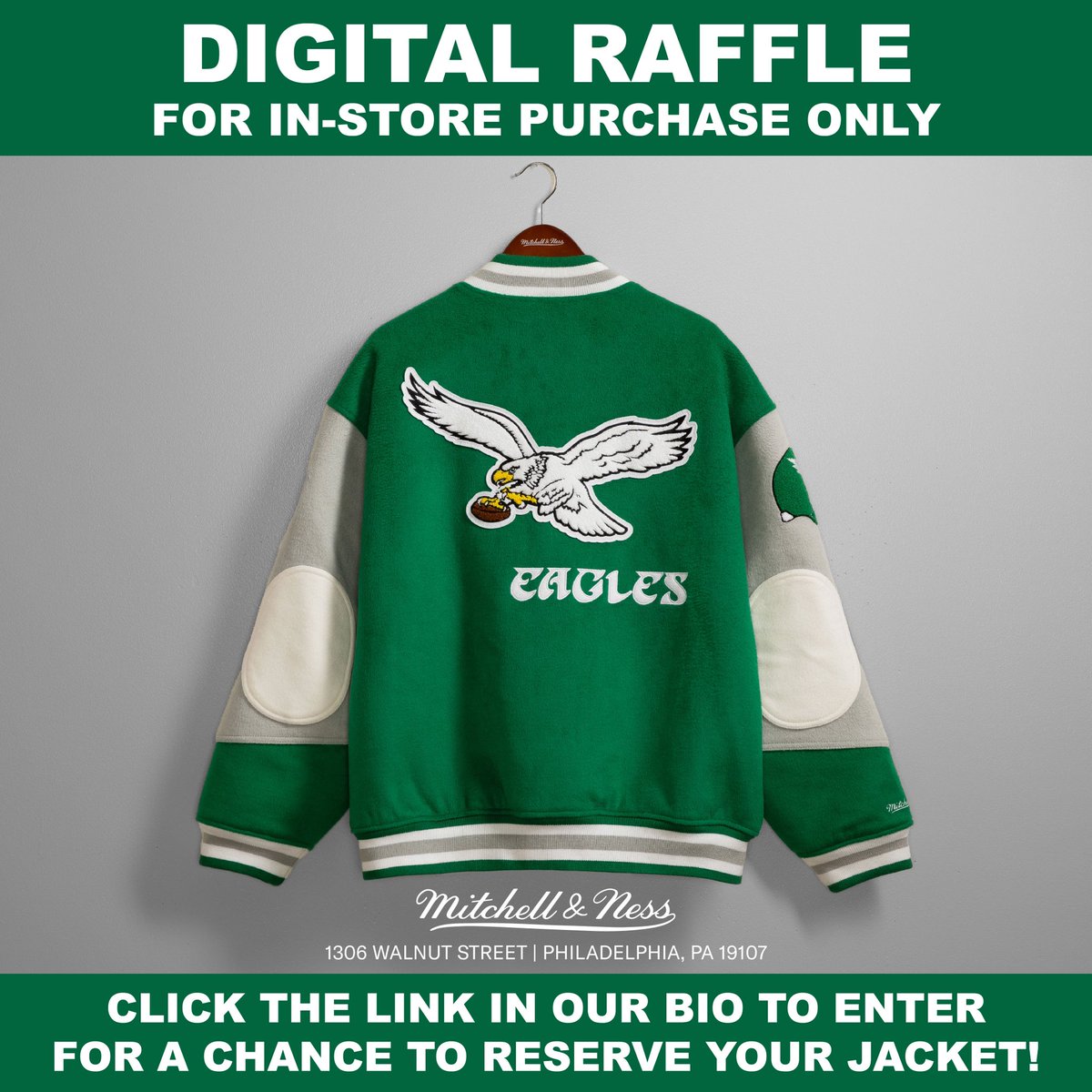 🚨Eagles Varsity Jacket Raffle🚨 DIGITAL RAFFLE FOR IN-STORE PURCHASE ONLY The Mitchell & Ness Flagship Store is offering our in-store customers a chance to purchase the Eagles Team Varsity Jacket via digital raffle. Click the link in our bio for details!