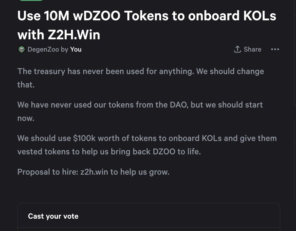 New Proposal to hire Incubation Firm Z2H to help with marketing power and influencers. 

z2h.win

snapshot.org/#/dzoo.eth/pro…