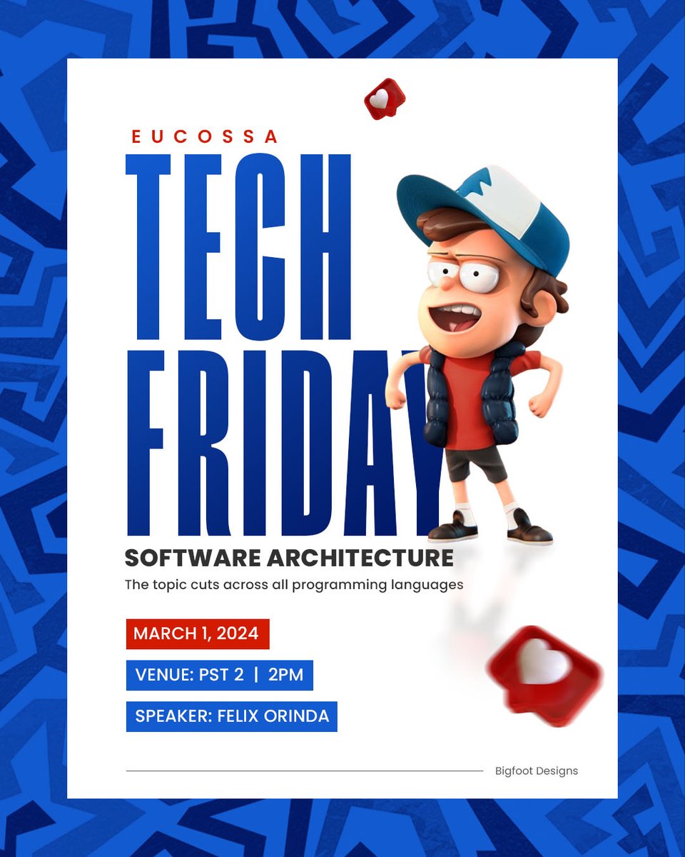 Join us this week on another Eucossa🤓 Tech Friday Session as we'll be venturing into Software Architecture cutting across all programming languages ✨ as from *2:00p.m to 4:00 p.m* . Presented by Felix Orinda🖱️. *# pst2* ^IM