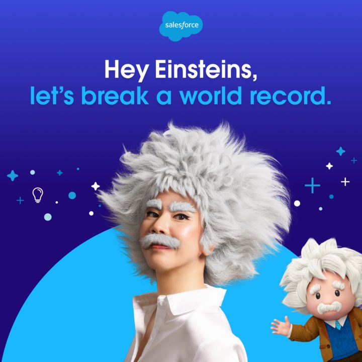 📢 ATTN: #TDX24 Attendees! @salesforce needs your help! ￼Let’s 💥BREAK💥 Guinness World Record for the LARGEST gathering of people dressed as Albert Einstein. 🗓️: March 6th, 4:45pm 🏢: Keynote Room 💬: Einstein costume will be provided ⭐️ Free swag + happy hour!