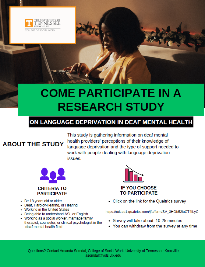 ADARA_Org's tweet photo. You're Invited To Participate in a Research Study on Deaf Mental Health Therapists and their Knowledge about Language Deprivation

https://t.co/PGCgaZVOrp

For more information, contact Amanda Somdal at asomdal@vols.utk.edu or Dr. Lisa K. Zottarelli at lzottare@utk.edu https://t.co/xyQI8e4GOO