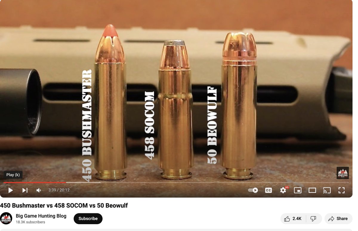John McAdams of the Big Game Hunting Blog conducts a detailed comparison of the .450 Bushmaster vs .458 SOCOM vs .50 Beowulf so you can make an informed decision on which cartridge is best for your particular situation. youtu.be/sT-MaqgycX- 8?si=KAV8J26RE_Eujn2c