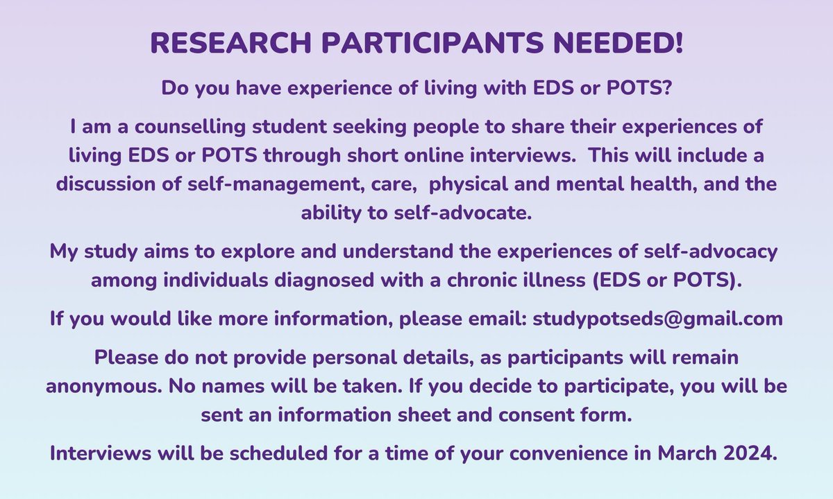 Can you help a counselling student to gain more understanding of what it is like to live with #PoTS, specifically the difficulties of self-advocacy? She is hoping to learn how counsellors & psychotherapists support those with a chronic illness & highlight their best practices👇