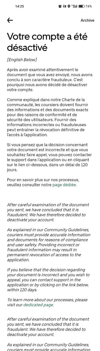 Beaucoup de #livreurs ont reçu ce mail sur une désactivation de compte chez @ubereats_fr. Il semble s'agir d'un bug généralisé qui impacte l’ensemble du territoire. Nous échangeons avec Uber Eats pour comprendre et résoudre le problème. Nous vous tenons informés très vite !