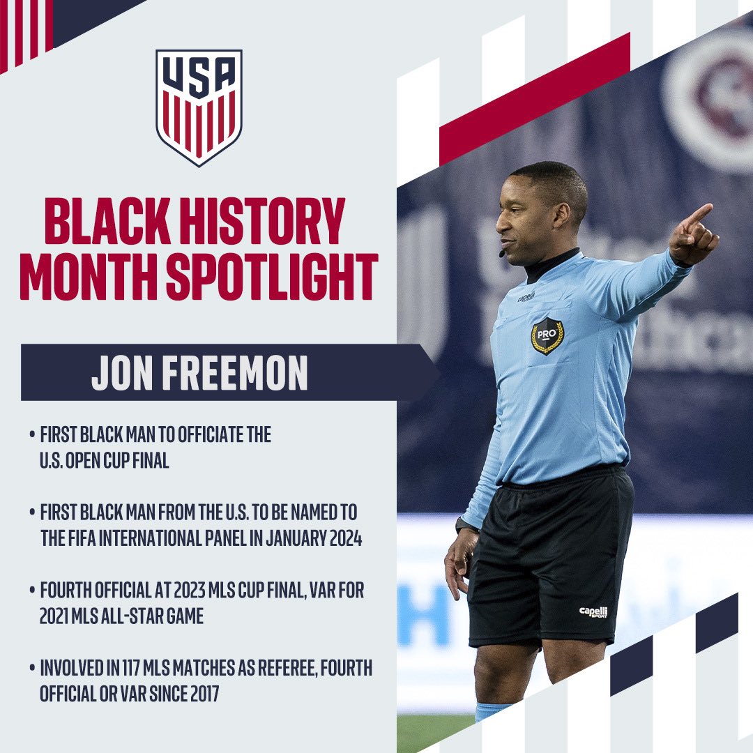 𝐁𝐥𝐚𝐜𝐤 𝐇𝐢𝐬𝐭𝐨𝐫𝐲 𝐌𝐨𝐧𝐭𝐡 𝐒𝐩𝐨𝐭𝐥𝐢𝐠𝐡𝐭: Jon Freemon Breaking new ground as one of the top officials in our sport ⚽️