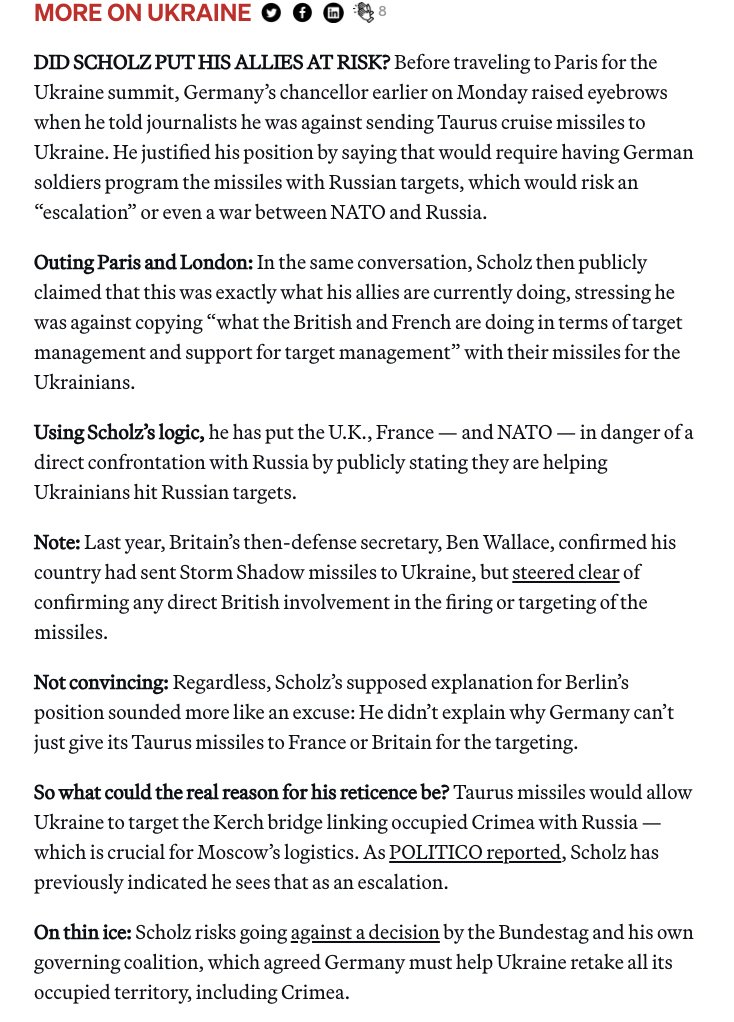 Allies are starting to speak out about Scholz' public claim that FR and UK helped Ukraine target missiles — wrote earlier how crazy this is. Today UK FA committee chair @aliciakearns called his words 'irresponsible and a slap in the face to allies.” politico.eu/newsletter/bru…