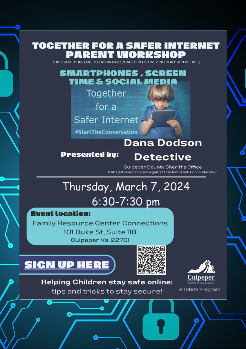 CCPS_FRC's tweet image. Sign Up! Join us and stay informed with powerful presentation from Detective Dana Dodson on Internet Safety. Being informed is a great way to stay connected to your children!
