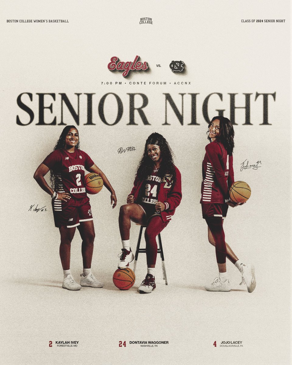 Happy Senior Night 🤩 🆚 North Carolina ⏰ 7:00 pm 🏟️ Conte Forum 💻 ACCNX 🎟️ bit.ly/3RYgvOD