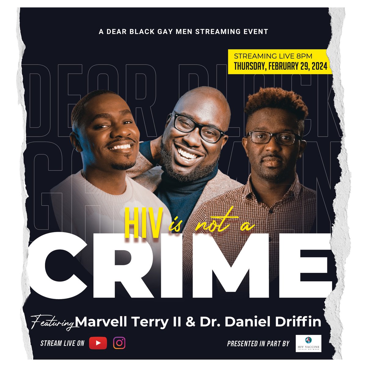 TONIGHT at 8 pm ET! HIV is not a crime. What does this mean for everyday people attempting to thrive with HIV? @dearblackgaymen will talk with Dr. Daniel Driffin, External Relations, Project Manager at The HIV Vaccine Trials and author Marvell Terry II. youtube.com/watch?v=-fTCao…